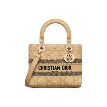 DIOR Lady D-Lite Raffia Shoulder Bag Crossbody Bag Handbag Medium Size Women's Brown