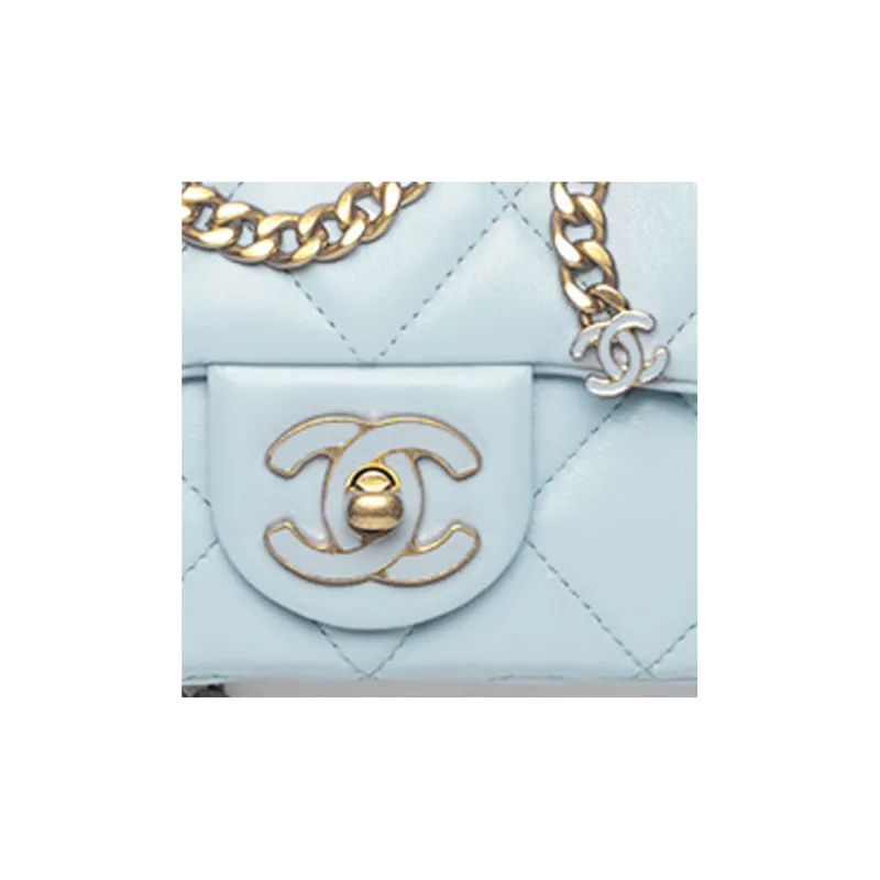 CHANEL Lambskin Mini Square Flap Bag, Flap Bag, Crossbody Bag, Shoulder Bag Women's Light Blue-3