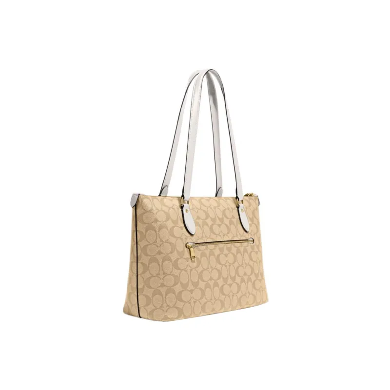 COACH Zip Top Tote Coated Canvas With Leather Tote Bag Shopping Bag Handbag Shoulder Bag Women's Khaki White Multicolor-1