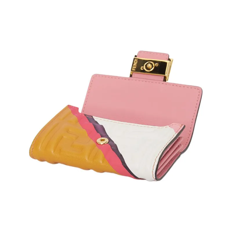 FENDI Lambskin Card Clip Card Holder Women's Pink/Yellow-3