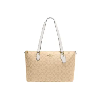 COACH Zip Top Tote Coated Canvas With Leather Tote Bag Shopping Bag Handbag Shoulder Bag Women's Khaki White Multicolor