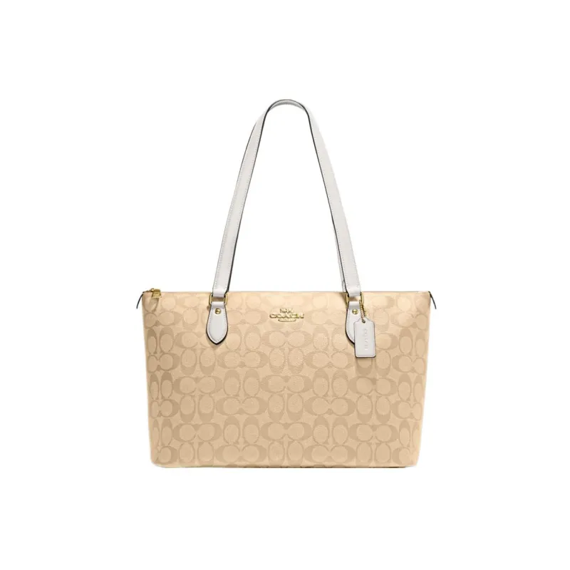 COACH Zip Top Tote Coated Canvas With Leather Tote Bag Shopping Bag Handbag Shoulder Bag Women's Khaki White Multicolor-0