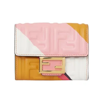 FENDI Lambskin Card Clip Card Holder Women's Pink/Yellow