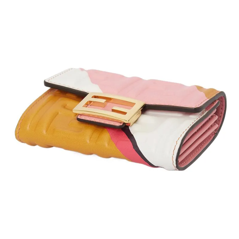 FENDI Lambskin Card Clip Card Holder Women's Pink/Yellow-2