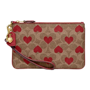COACH Heart Canvas With Leather And Calfskin Wrist Bag Clutch Small Size Women's Brown
