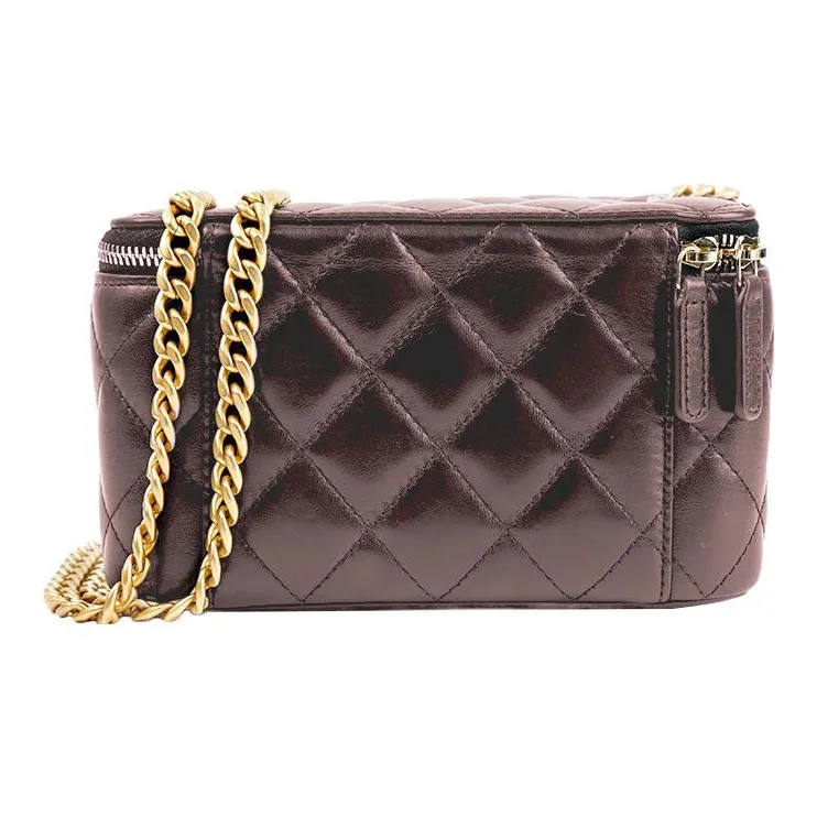 CHANEL Sheepskin Box Bag Makeup Bags Shoulder Bag Crossbody Bag Women's Dark Brown/burgundy-3