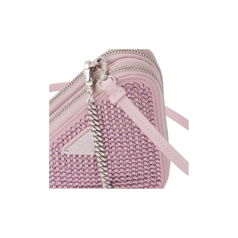 PRADA Embellished Satin And Leather Mini Pouch Alabaster Pink-5