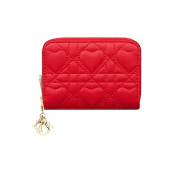 DIOR Lady Dior Sheepskin Coin Purse Small Size Women's Red