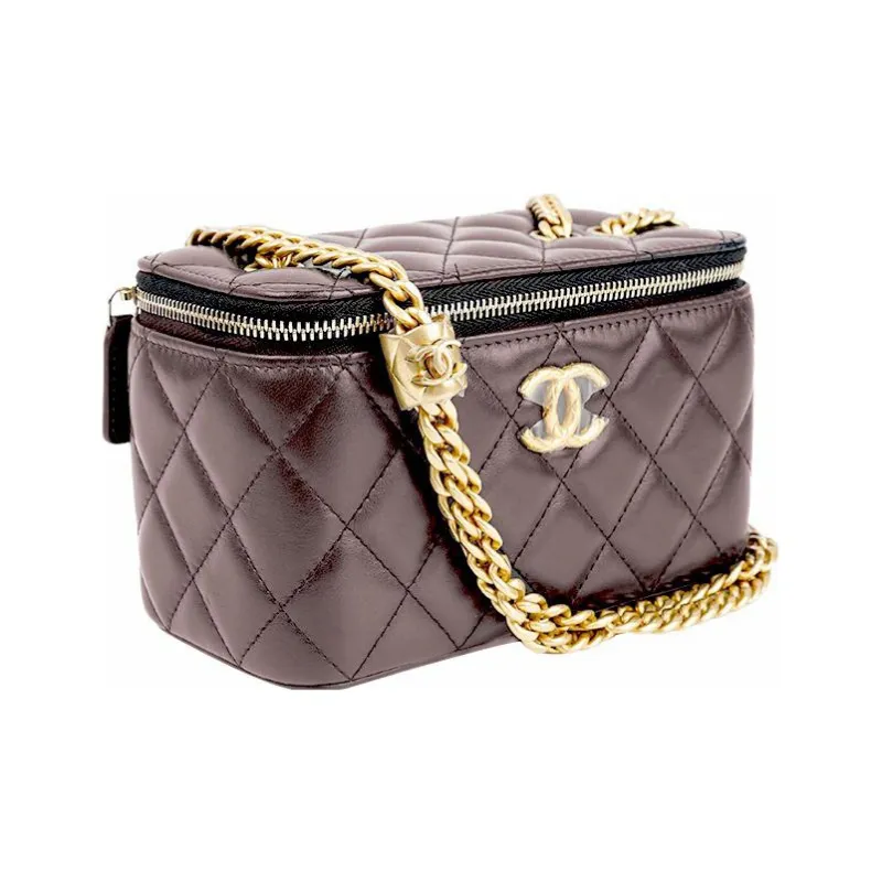 CHANEL Sheepskin Box Bag Makeup Bags Shoulder Bag Crossbody Bag Women's Dark Brown/burgundy-1