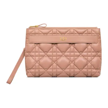DIOR Caro Lambskin Wrist Clutches Large Size Women's Rose Pink