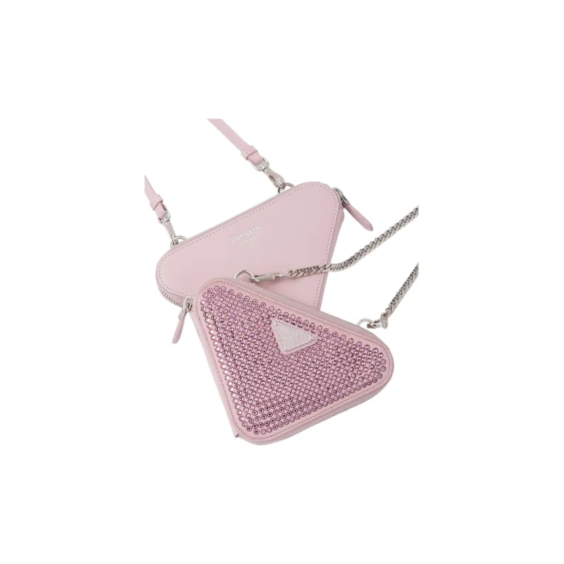 PRADA Embellished Satin And Leather Mini Pouch Alabaster Pink-4