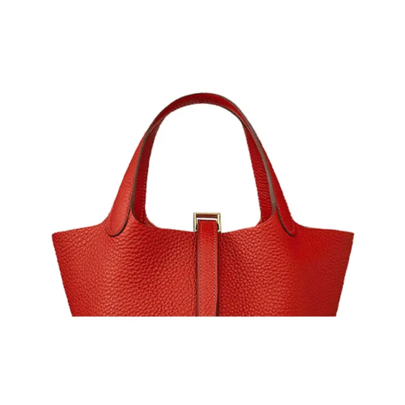HERMES Picotin Clemence Bullock Leather Basket Bag Handbag Bucket Bag Women's S5 Rouge Tomate Tomato Red-3