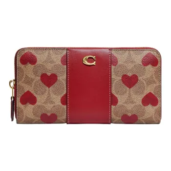 COACH Zip Around Canvas With Leather And Calfskin Card Holder Wallet Women's Brown & Red
