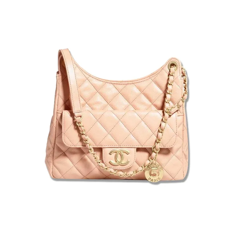 CHANEL HOBO Grain Calfskin Hobo Messenger Bag, Hippie Bag, Shoulder Bag, Crossbody Bag Medium Size Women's Light Pink-0