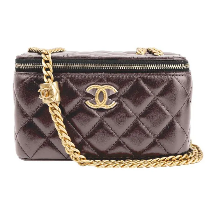 CHANEL Sheepskin Box Bag Makeup Bags Shoulder Bag Crossbody Bag Women's Dark Brown/burgundy-0