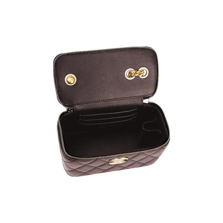 CHANEL Sheepskin Box Bag Makeup Bags Shoulder Bag Crossbody Bag Women's Dark Brown/burgundy-4