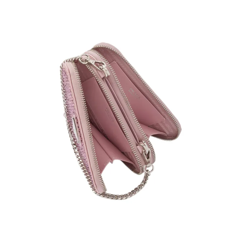 PRADA Embellished Satin And Leather Mini Pouch Alabaster Pink-3