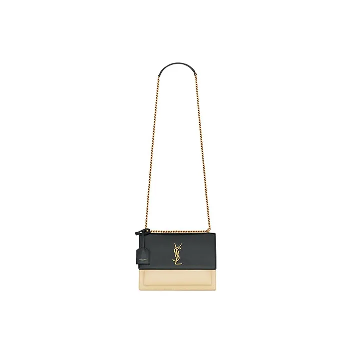 SAINT LAURENT SUNSET Smooth Leather Handbag, Shoulder Bag, Crossbody Bag Medium Size Women's Black/Beige-1