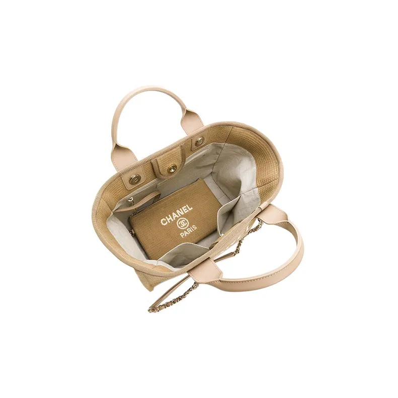 CHANEL With Leather Beach Bag, Tote Bag, Shopping Bag, Shoulder Bag, Handbag Trumpets Women's Beige/Apricot-4