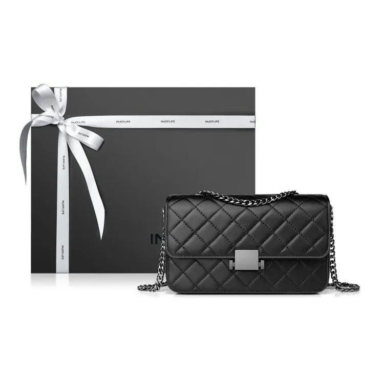 INJOYLIFE Lambskin Chain Bag Small Square Bag Shoulder Bag Crossbody Bag Regular Women's Black-4