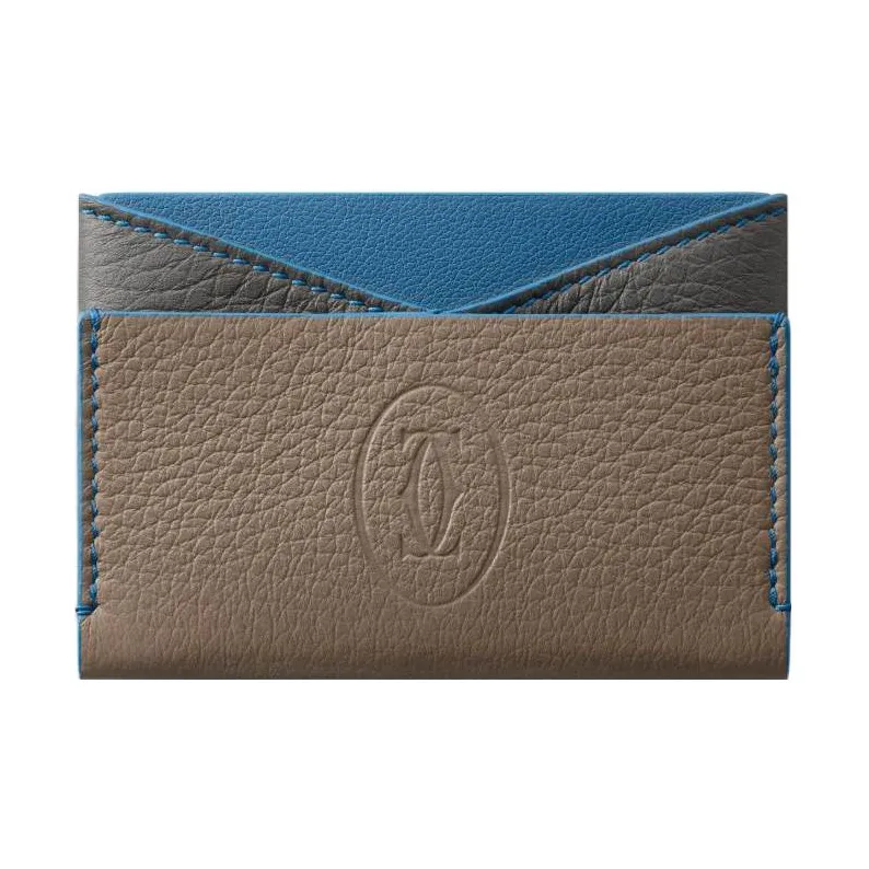 CARTIER Must De Cartier Textured Calfskin Card Holder Men's Taupe/Blue-0