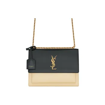 SAINT LAURENT SUNSET Smooth Leather Handbag, Shoulder Bag, Crossbody Bag Medium Size Women's Black/Beige