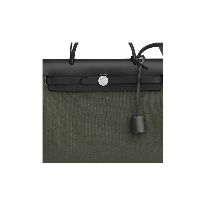 HERMES Herbag Zip Canvas With Leather Shoulder Bag Crossbody Bag Handbag Unisex Gray Green/Black-4