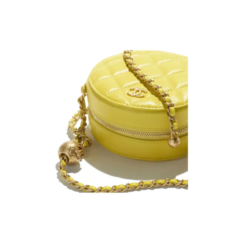 CHANEL Sheepskin Round Bag, Handheld Shoulder Bag, Crossbody Bag Women's Yellow-3