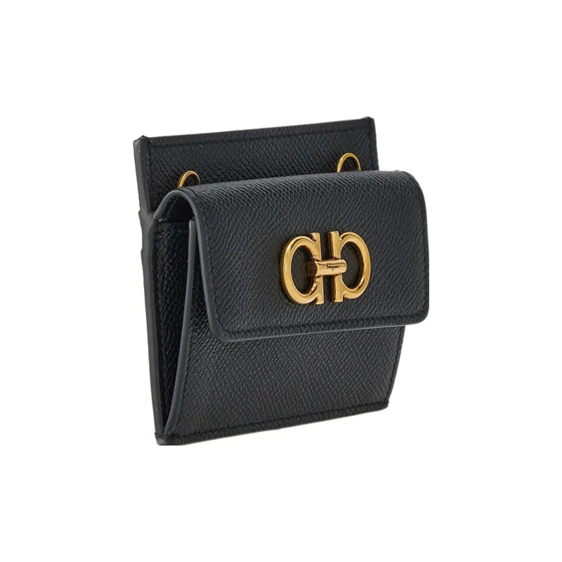 FERRAGAMO GANCINI Cow Leather Shoulder Bag, Crossbody Bag Card Holder Women's Black-1