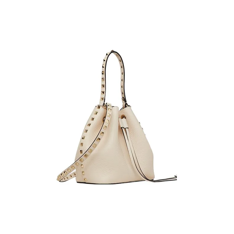 Valentino Rockstud Calfskin Bucket Bag Shoulder Bags Handbags Small Size Women's White-1