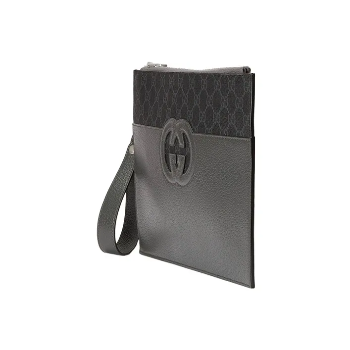 GUCCI Canvas With Leather Clutch Men's Black & Gray-1