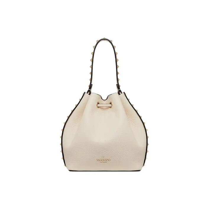 Valentino Rockstud Calfskin Bucket Bag Shoulder Bags Handbags Small Size Women's White-3