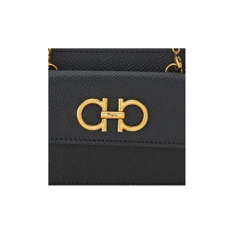 FERRAGAMO GANCINI Cow Leather Shoulder Bag, Crossbody Bag Card Holder Women's Black-4