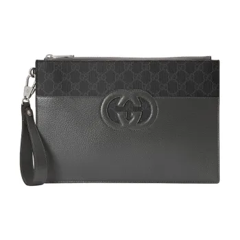 GUCCI Canvas With Leather Clutch Men's Black & Gray