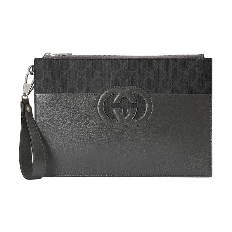 GUCCI Canvas With Leather Clutch Men's Black & Gray-0