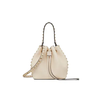 Valentino Rockstud Calfskin Bucket Bag Shoulder Bags Handbags Small Size Women's White