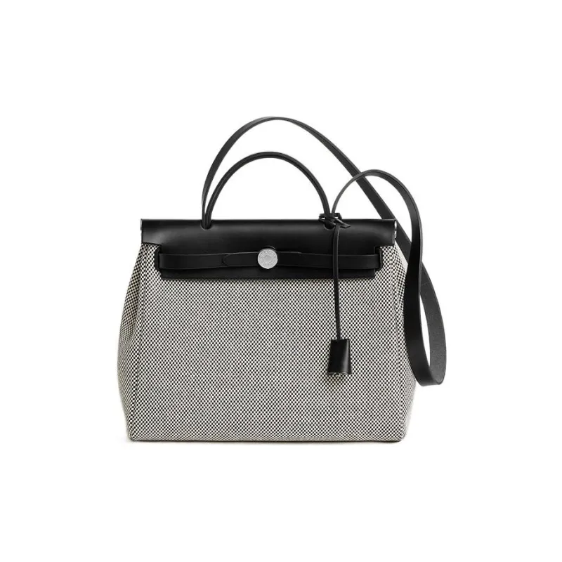HERMES Herbag Zip Canvas With Leather Portable One Shoulder Canvas Bag Crossbody Bag Unisex Black White-1