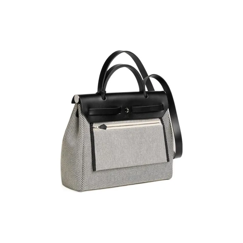 HERMES Herbag Zip Canvas With Leather Portable One Shoulder Canvas Bag Crossbody Bag Unisex Black White-4