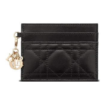 DIOR Lady Dior Wicker Pattern Sheepskin Card Holder Women's Black