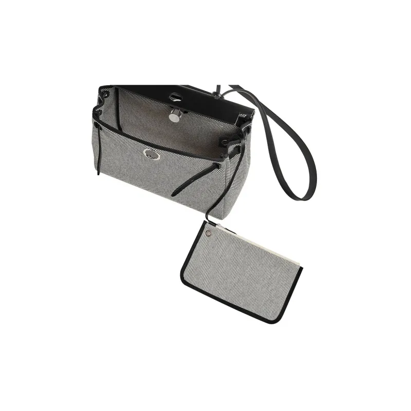 HERMES Herbag Zip Canvas With Leather Portable One Shoulder Canvas Bag Crossbody Bag Unisex Black White-6