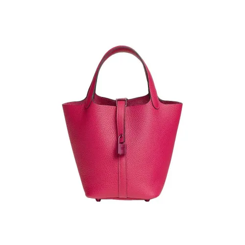 HERMES verde Lock Clemence Leather Basket Bag Bucket Bag Handbag 18 Women's 0D Rose Mexico Pink