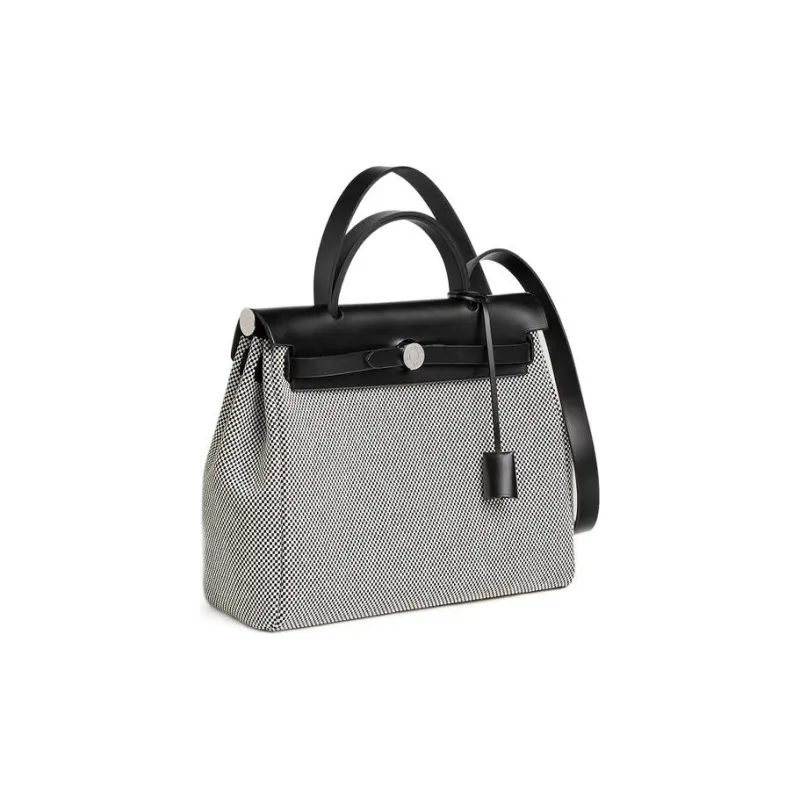 HERMES Herbag Zip Canvas With Leather Portable One Shoulder Canvas Bag Crossbody Bag Unisex Black White-3