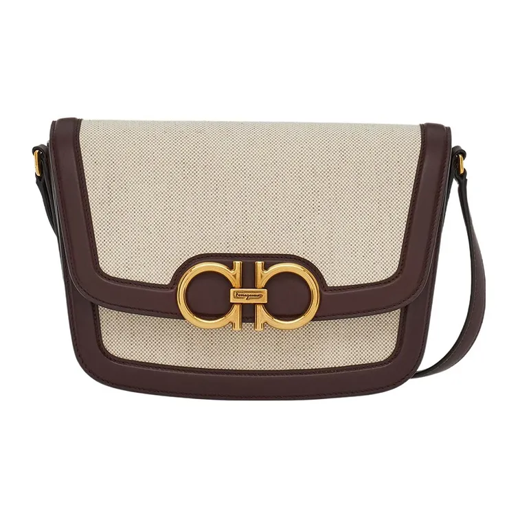 FERRAGAMO Fabric With Cow Leather Crossbody Bag, Shoulder Bag Medium Size Women's Brown/Beige-0