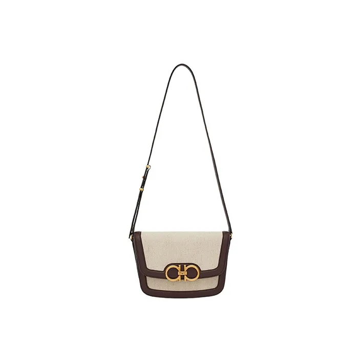 FERRAGAMO Fabric With Cow Leather Crossbody Bag, Shoulder Bag Medium Size Women's Brown/Beige-1