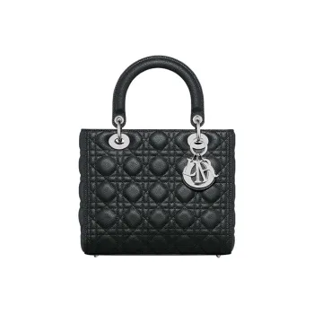DIOR Lady Dior Grained Calfskin Shoulder Bag Crossbody Bag Handbag Medium Size Women's Black