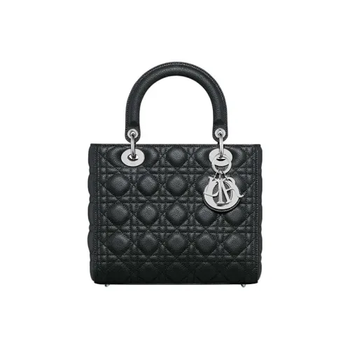 DIOR Lady Dior Grained Calfskin Shoulder Bag Crossbody Bag Handbag Medium Size Women's Black