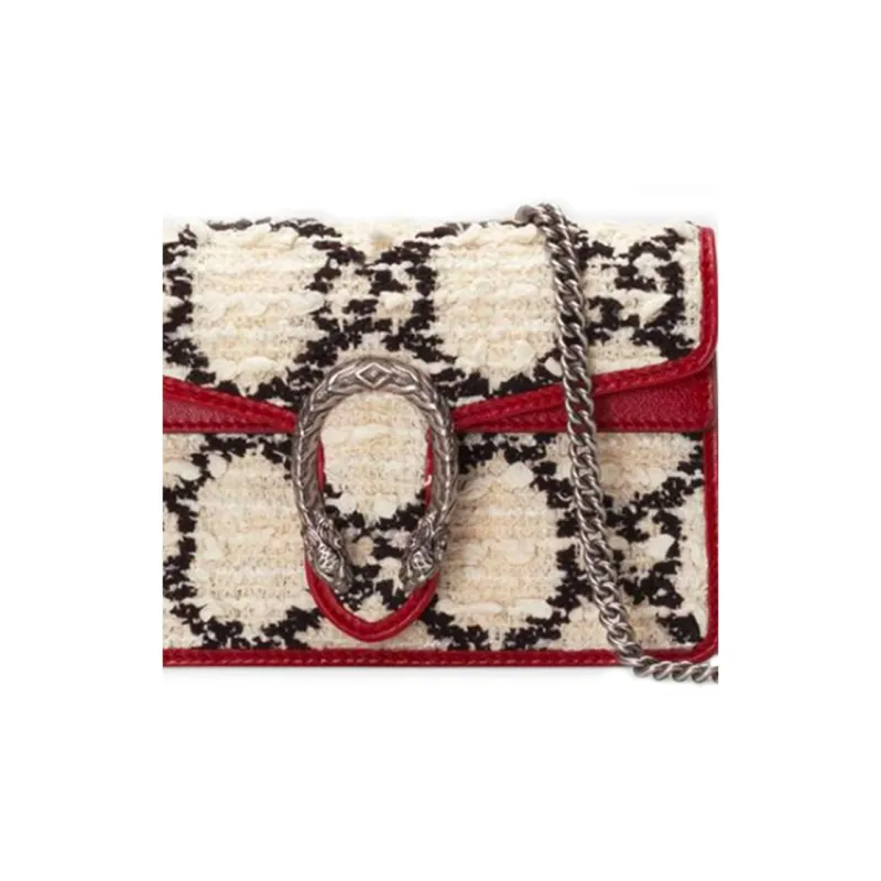 GUCCI Tweed With Leather Chain Shoulder Bag Crossbody Bag Extra Mini Women's White/Red-6