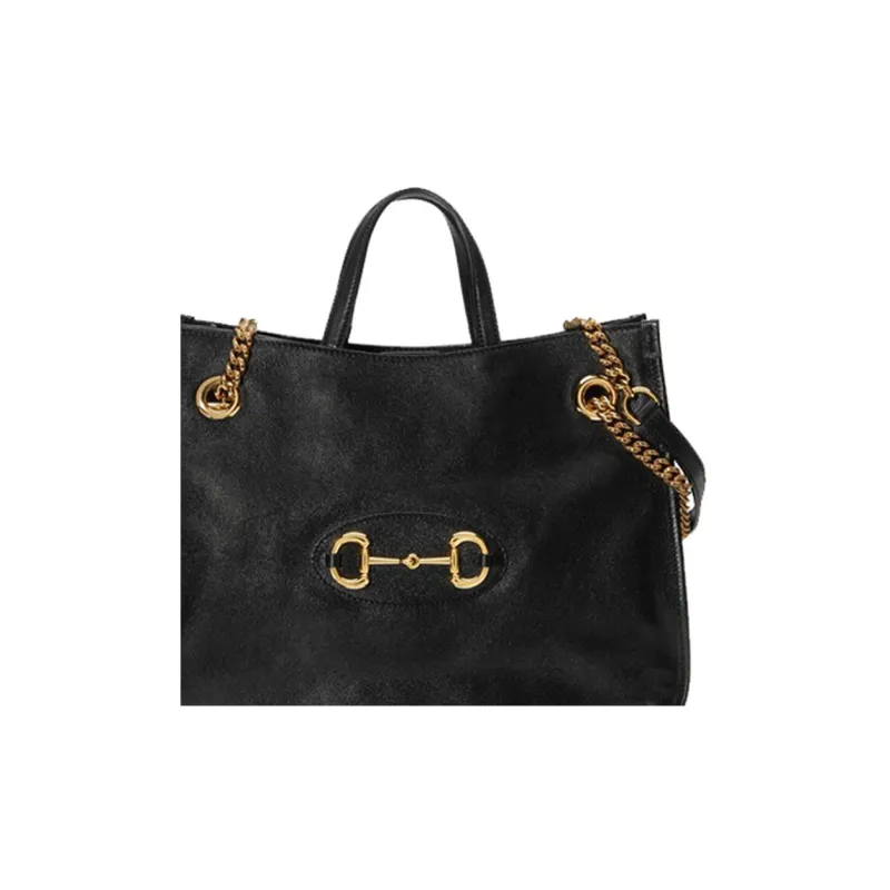 GUCCI Horsebit 1955 Leather Tote Bag Shopping Bag Handbag Shoulder Bag Women's Black-6