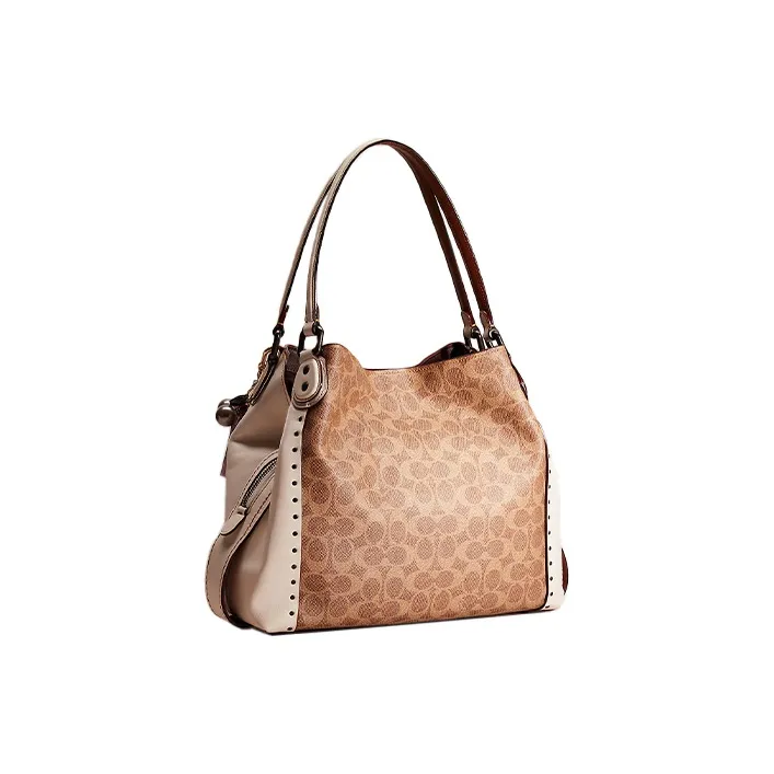 COACH Edie Coated Canvas With Calfskin Detail Handbag, Shoulder Bag Large Size Women's Brown & Blue-1