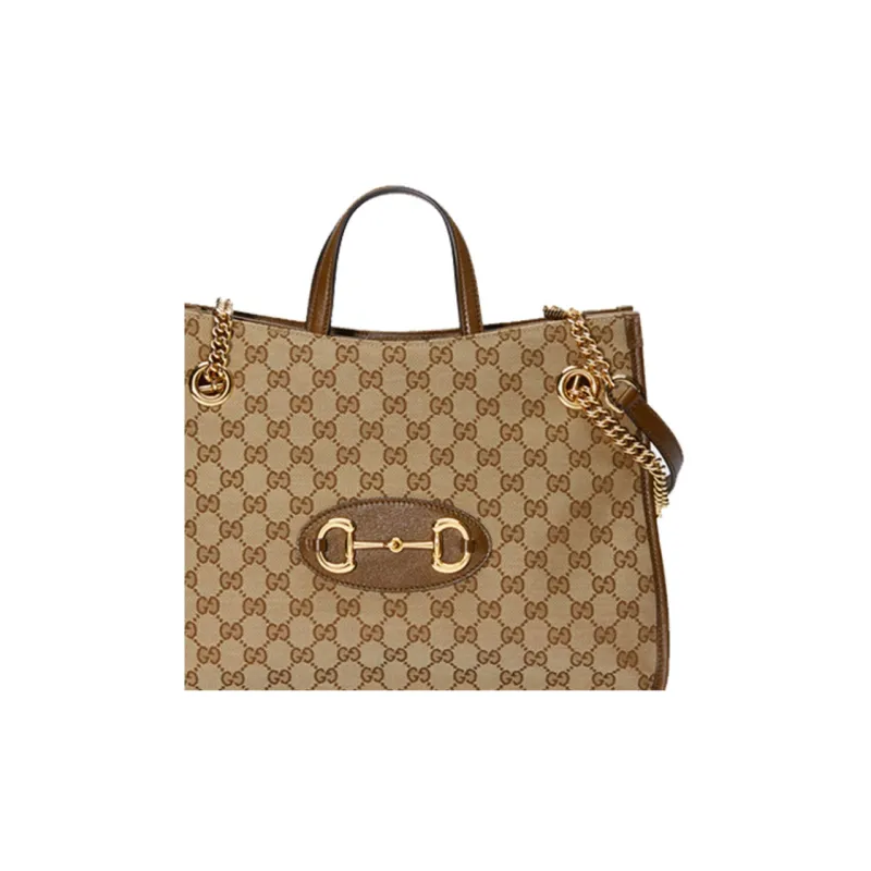 GUCCI Horsebit 1955 Canvas With Leather Tote Bag Shopping Bag Handbag Shoulder Bag Medium Size Unisex Ebony/Brown-7